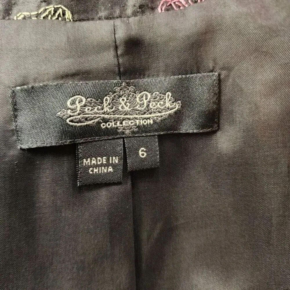 Peck and‎ Peck Vintage Black 100% Silk Open Jacket SZ 6 Embroidered Butterflies